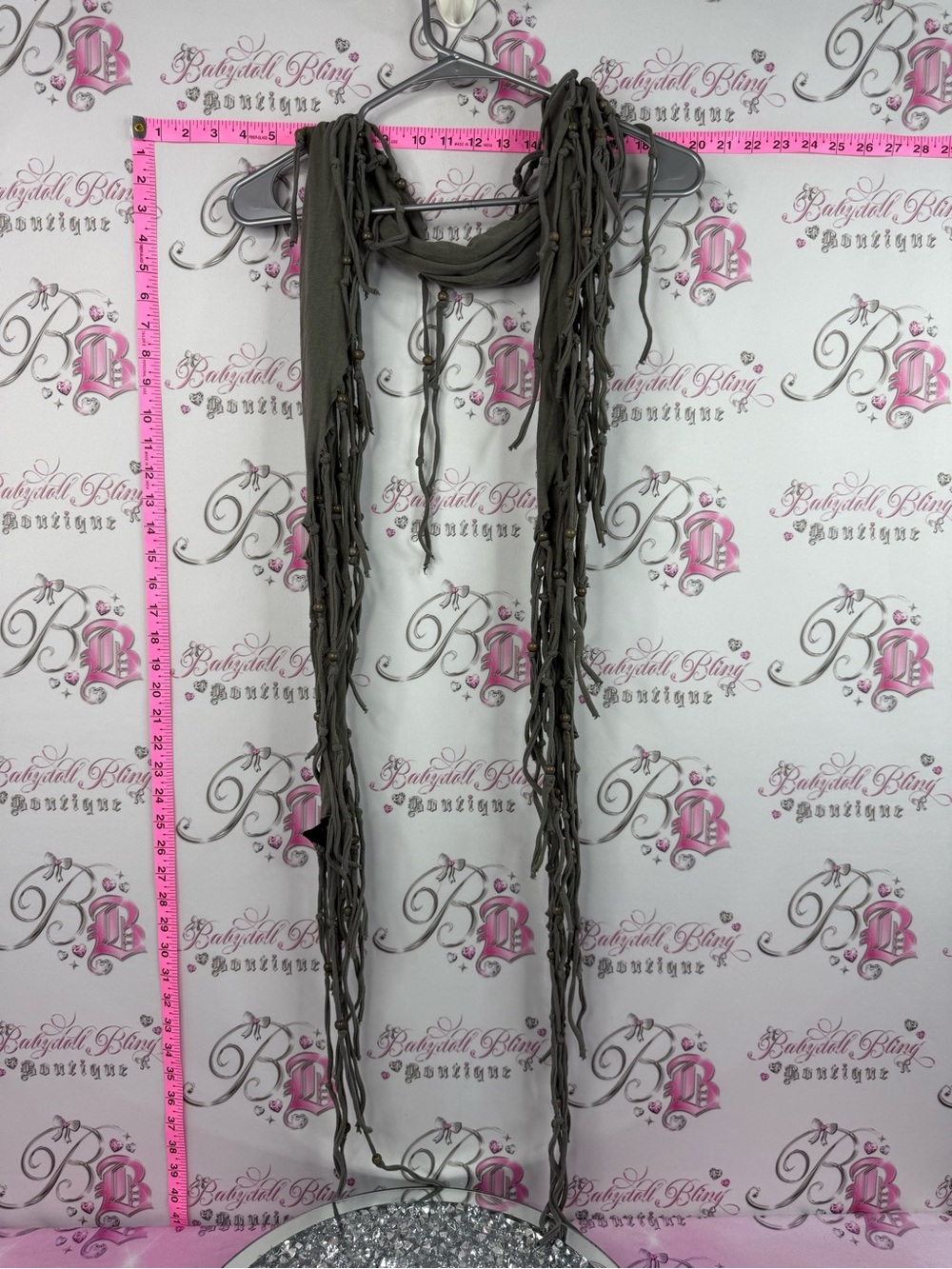 therapy scarf fringes tassles beads grey green Taupe Fringed Wrap Scarf